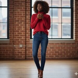 Nicole Miller Women's Cashmere Red Cowl Turtleneck Sweater Ribbed Knit - Sz S